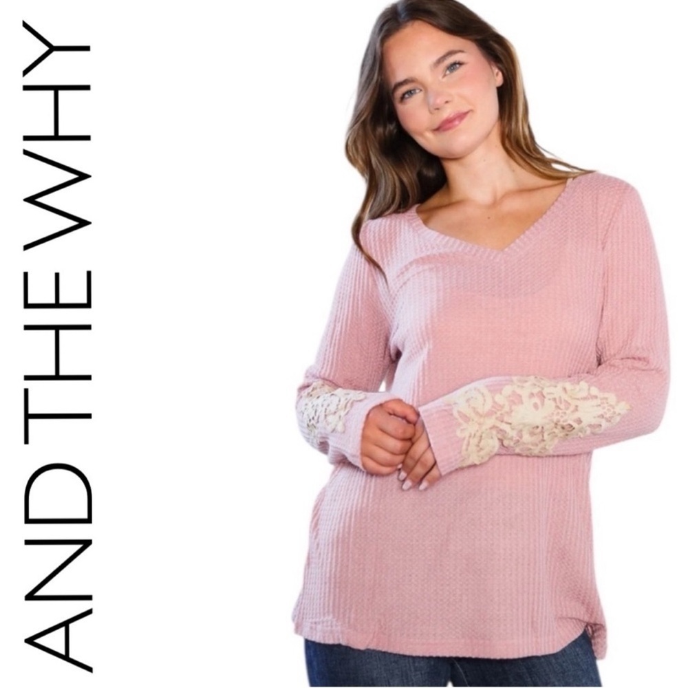AND THE WHY? Pink Long Sleeve Thermal Top with Antique Lace Accent on the Sleeve - Picture 2 of 3